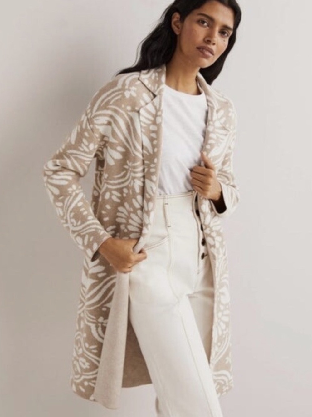 Boden Beige & White Floral Knit Long Coat